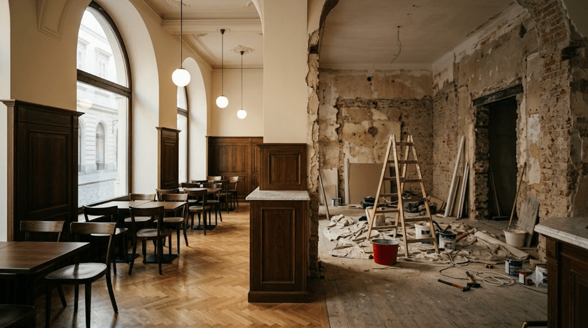 Halb fertig renovierter Wiener Gastraum als Sinnbild für die sechs Phasen eines Website-Relaunch: vorne fertig gestrichen, hinten noch Rohzustand mit Leiter und Werkzeug