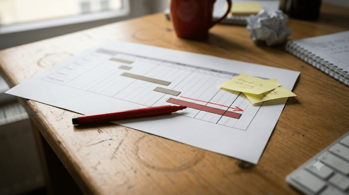 Nahaufnahme eines ausgedruckten Projektzeitplans, dessen letzter Balken mit rotem Stift nach hinten verlängert wurde, als Sinnbild für überschrittene Relaunch-Zeitpläne