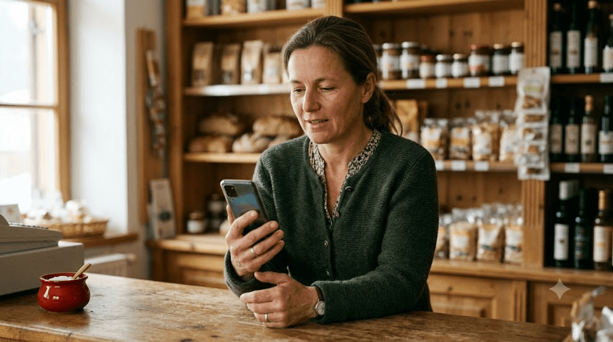 Geschäftsinhaberin blickt geduldig auf ihr Smartphone in ihrem Ladengeschäft, während sie auf die ersten SEO-Ergebnisse ihrer neuen Website wartet