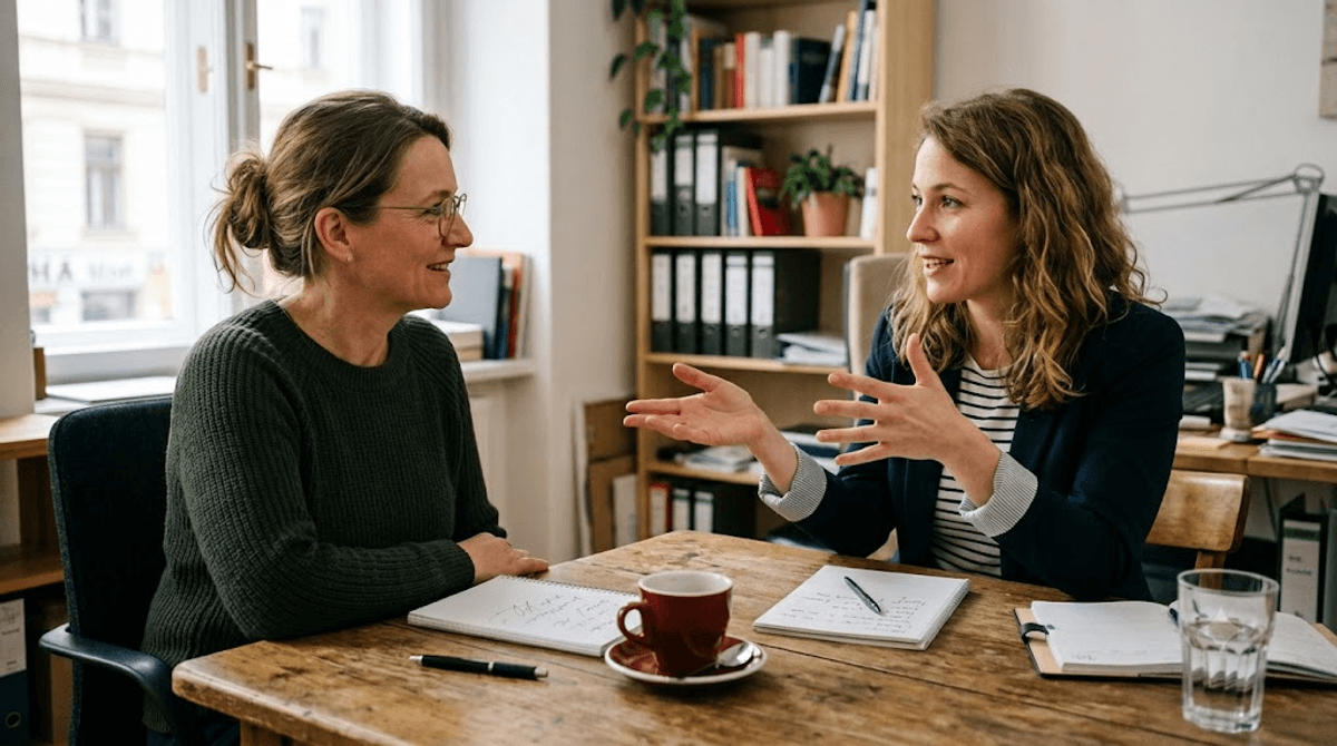 Unternehmerin bespricht mit einer Beraterin die Besonderheiten der Suchmaschinenoptimierung in Österreich am Besprechungstisch