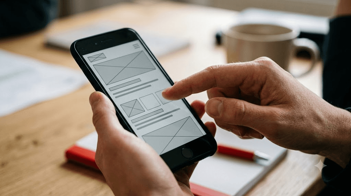 Hände tippen auf Smartphone mit klickbarem Wireframe-Prototyp einer Webseite im UX-Design