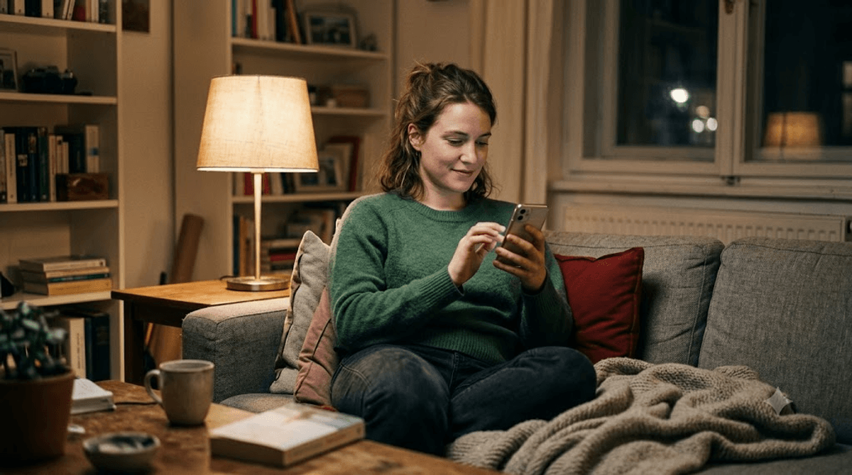 Frau bucht abends auf dem Sofa per Smartphone einen Termin online, weil telefonisch niemand mehr erreichbar ist – Beispiel für automatisierte Terminbuchung über die Website