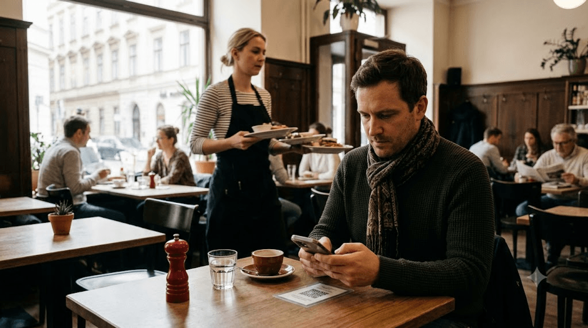 Gast bestellt in einem Wiener Café per Smartphone direkt am Tisch, während die Bedienung im Hintergrund arbeitet – mobile Bestellfunktion über die Website