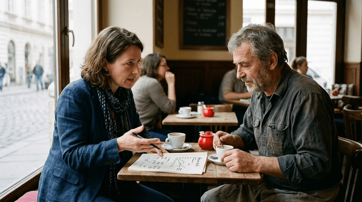 Webberaterin erklärt einem Café-Besitzer anhand eines ausgedruckten Performance-Berichts, warum die Felddaten der echten Website-Performance wichtiger sind als der Labortest