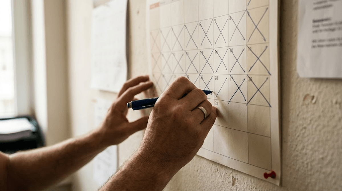 Hände markieren nacheinander die Tage auf einem Wandkalender und veranschaulichen das rollierende 28-Tage-Fenster, über das CrUX die Performance-Daten einer Website erhebt