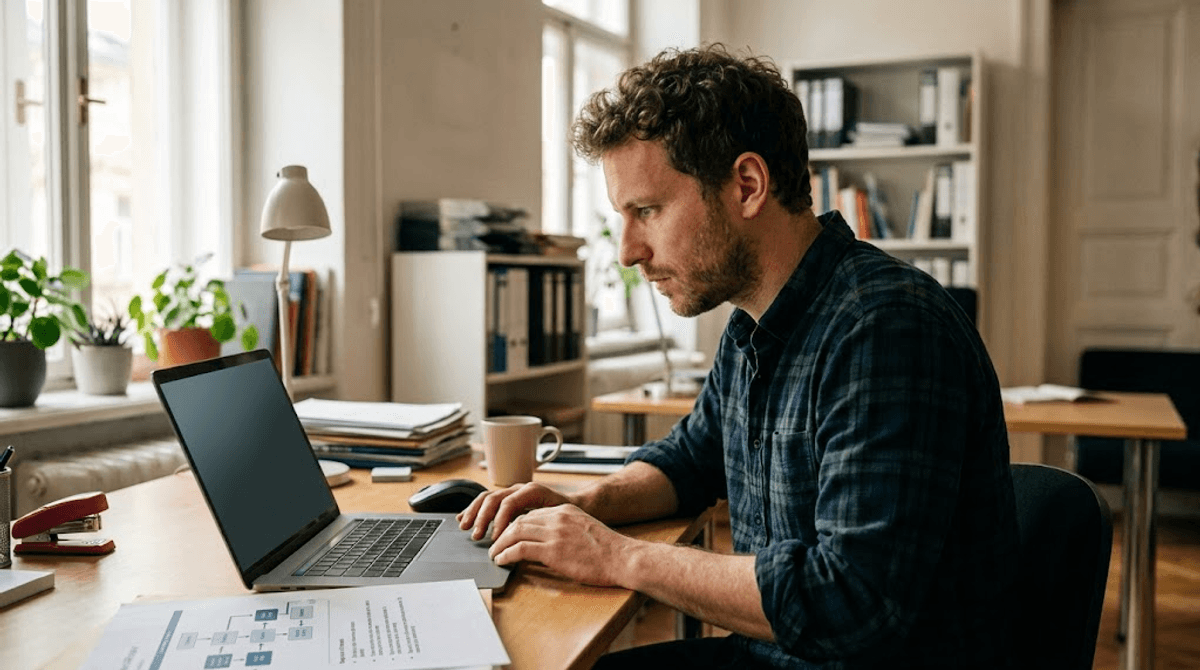 Kleinunternehmer sitzt am Laptop und arbeitet Schritt für Schritt durch die Performance-Messung seiner Website im Core Web Vitals Bericht der Search Console