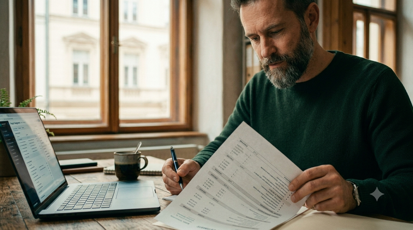 Unternehmer zerlegt am Schreibtisch ein Website-Angebot in seine einzelnen Kostenblöcke