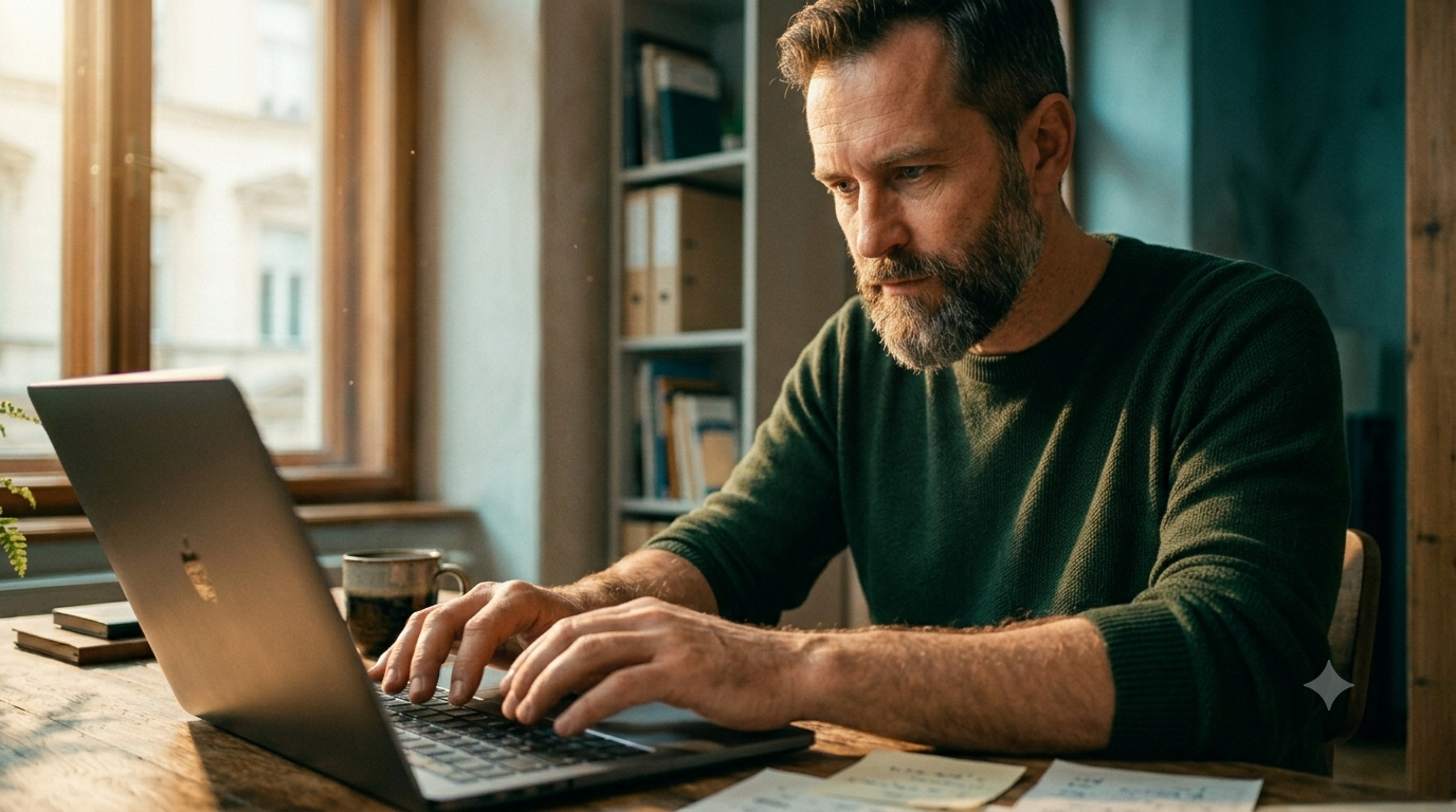 Unternehmer arbeitet konzentriert am Laptop, denn die Arbeitszeit ist der größte Kostenblock einer Website