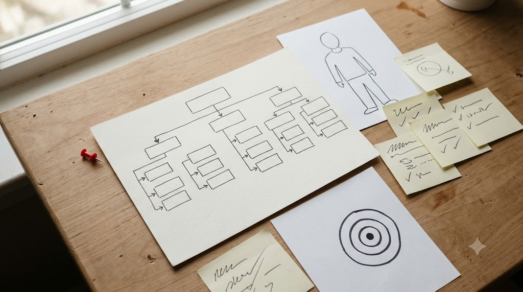 Aufsicht auf Strategie-Materialien fuer die Website-Erstellung: handgezeichnete Sitemap, Persona-Skizze und Notizzettel auf einem Tisch in Phase 1.