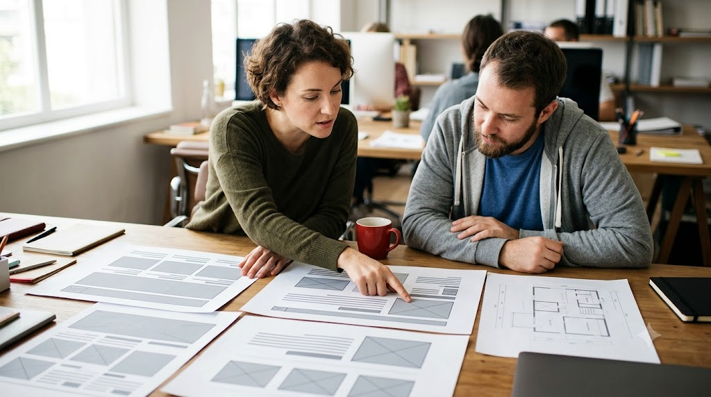 Zwei Personen besprechen ausgedruckte Wireframe-Entwuerfe in der Designphase der Website-Erstellung und zeigen auf das Layout.