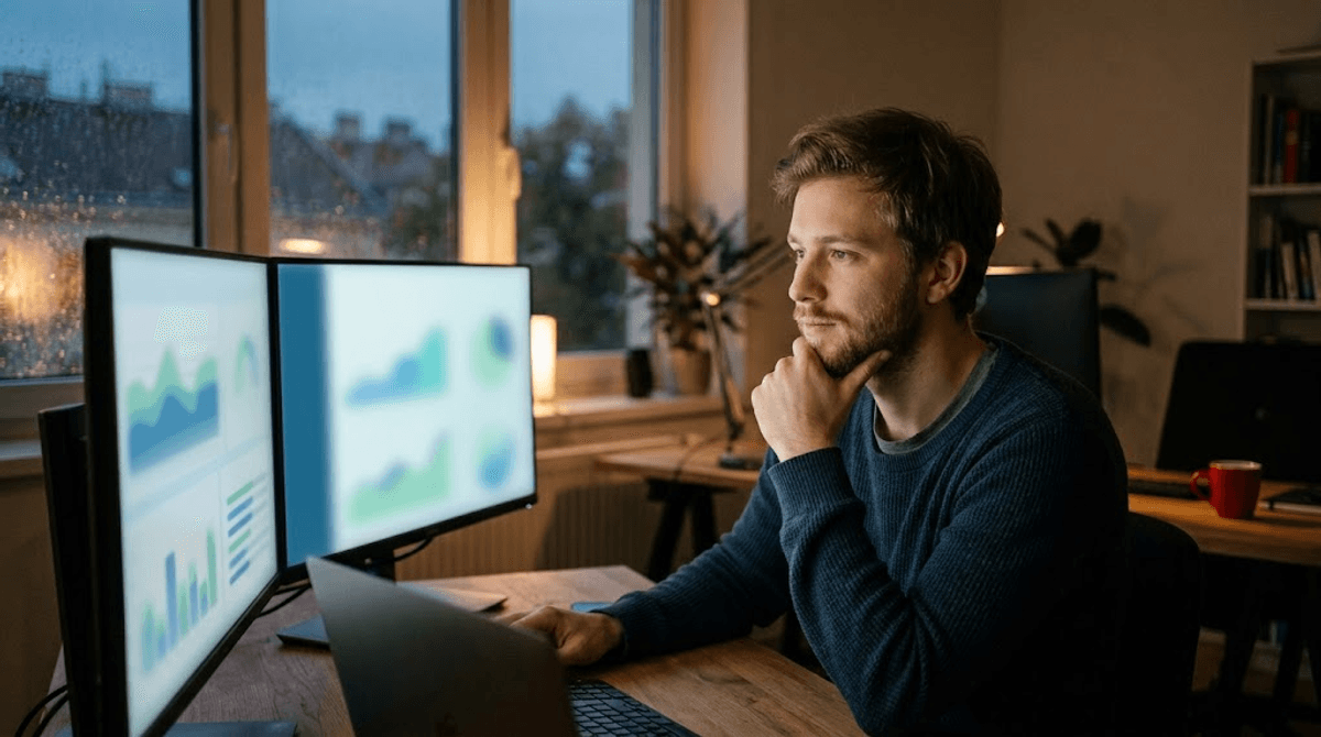 Webentwickler beobachtet nach dem Go-Live des Website-Relaunchs die Monitoring-Dashboards am Abend im Büro