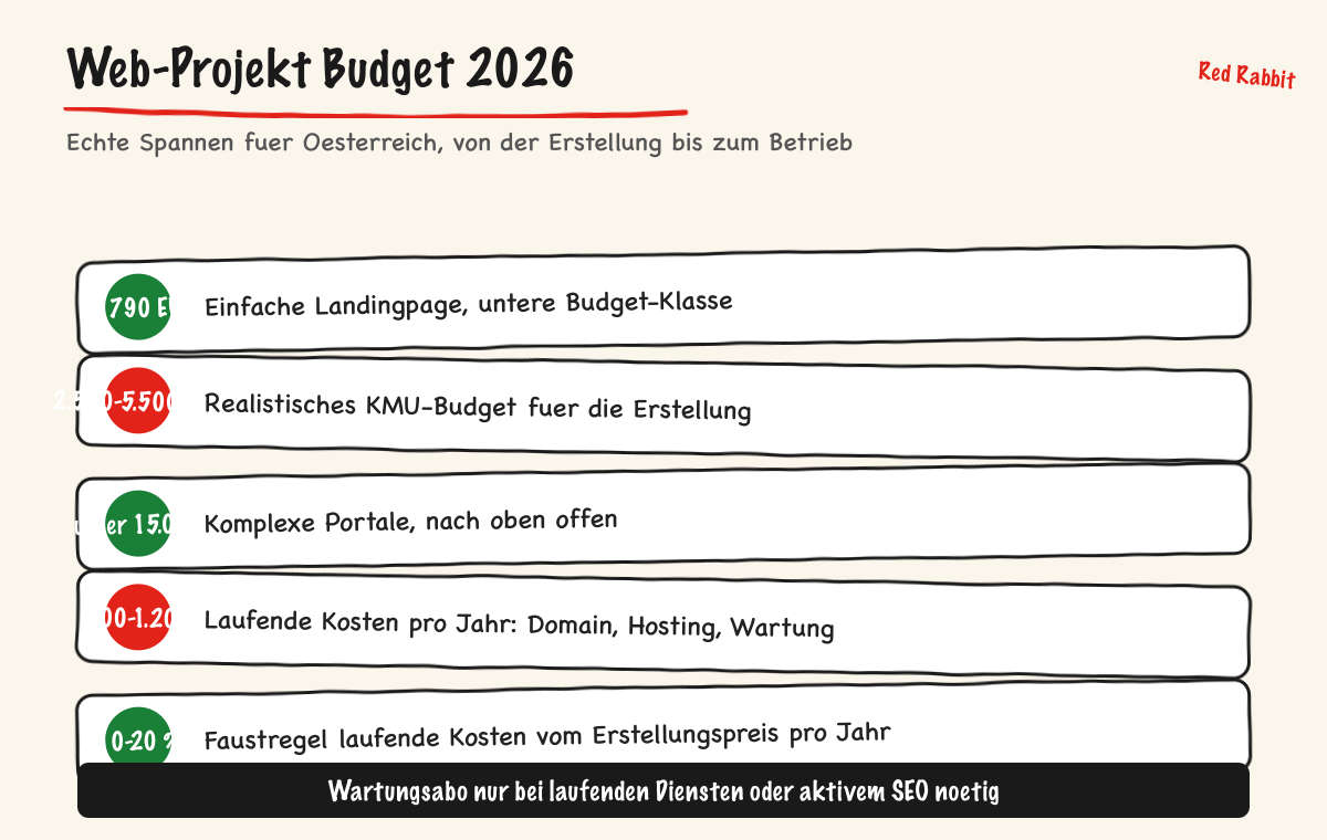 Infografik Website Kosten Österreich 2026 mit Budget-Spannen für Landingpage, KMU-Website und laufende Kosten pro Jahr