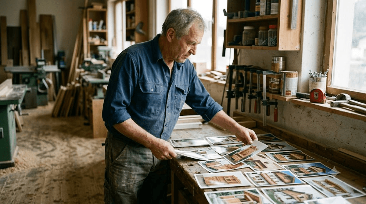 Ein Handwerker sortiert in seiner Werkstatt eigene Baustellen-Fotos und bereitet damit Inhalte für sein Website-Projekt vor