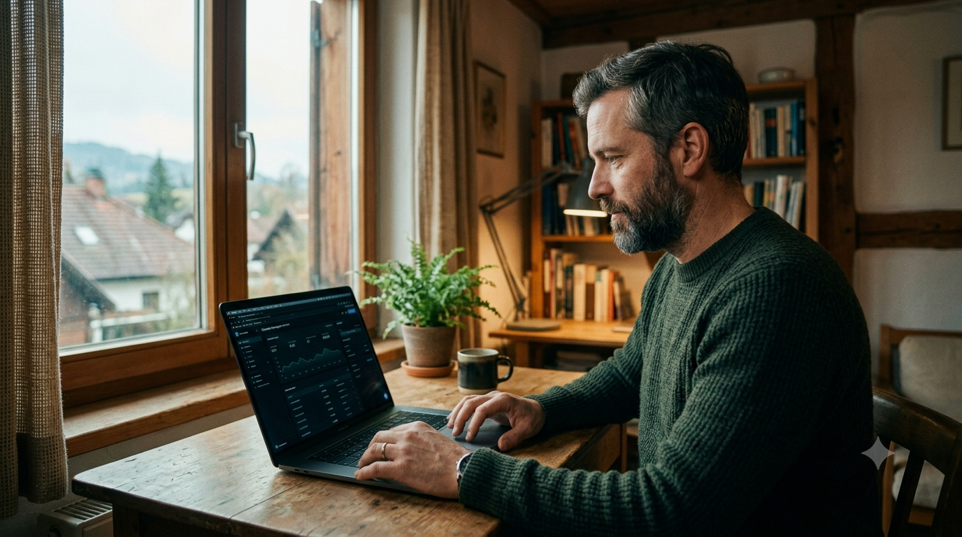 Unternehmer verwaltet am Laptop Domain und Hosting seiner Website, die kleinen laufenden Grundkosten