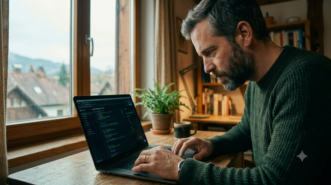 Unternehmer pflegt konzentriert seine Website am Laptop, denn die Wartung ist der unterschätzte Kostenbrocken