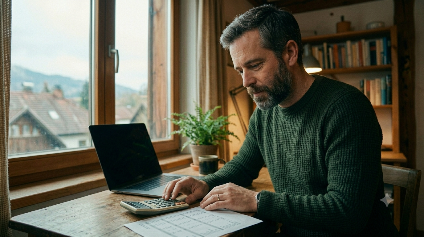 Unternehmer rechnet mit dem Taschenrechner die jährlichen Unterhaltskosten seiner Website durch