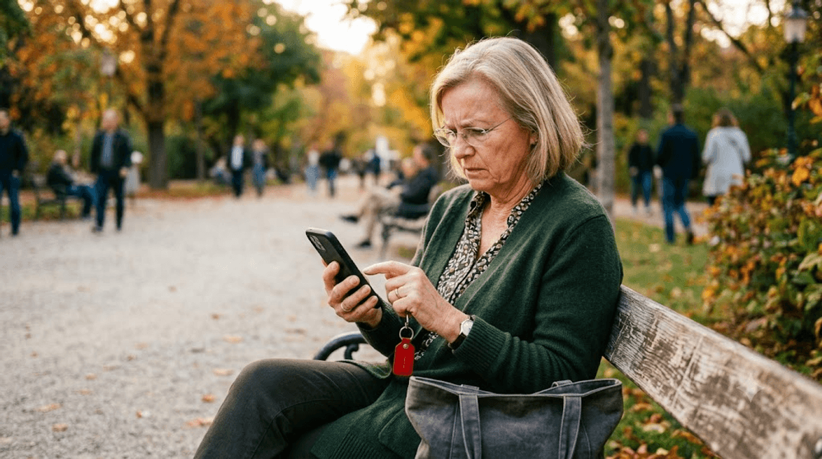 Ältere Frau auf einer Parkbank versucht, das Menü einer Website auf ihrem Smartphone anzutippen, weil auch Seniorinnen die mobile Version einer Website nutzen