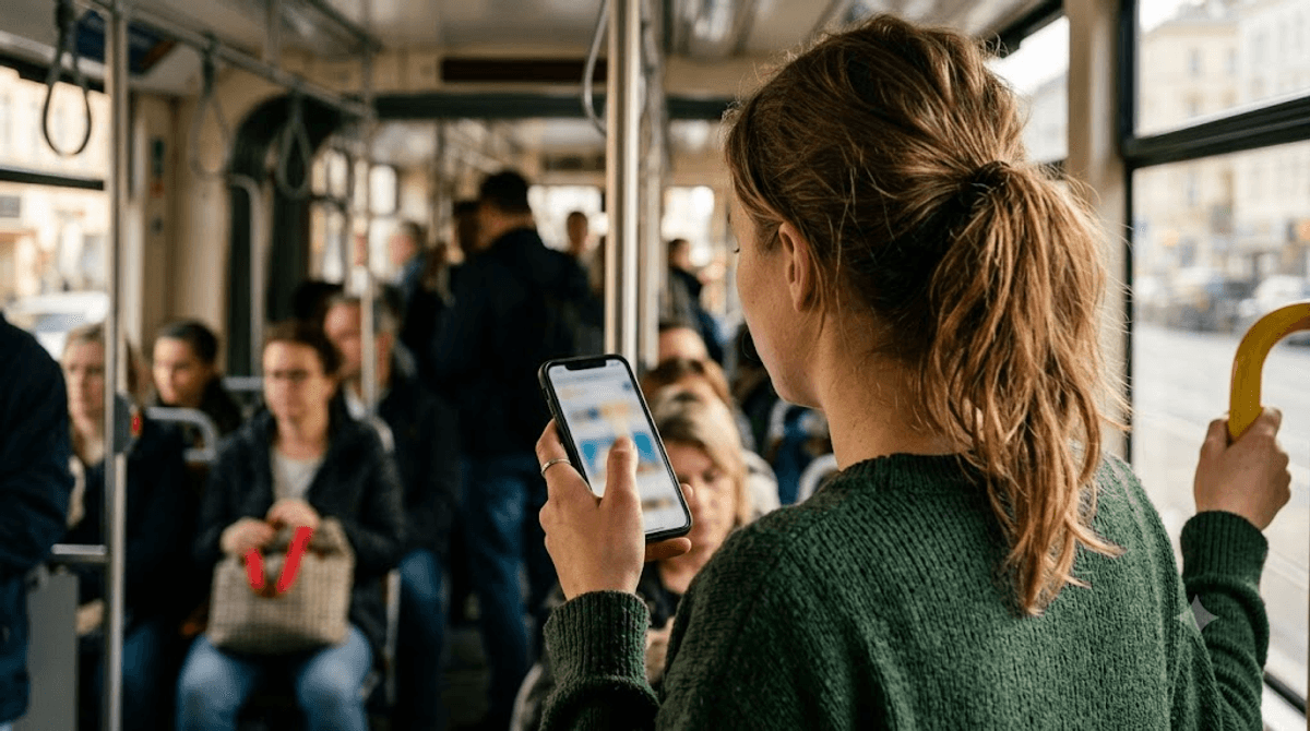 Nahaufnahme in der Straßenbahn: Ein Daumen wischt eine gerade geöffnete Website auf dem Smartphone sofort wieder weg – das Urteil über Vertrauen im Webdesign fällt in rund 50 Millisekunden