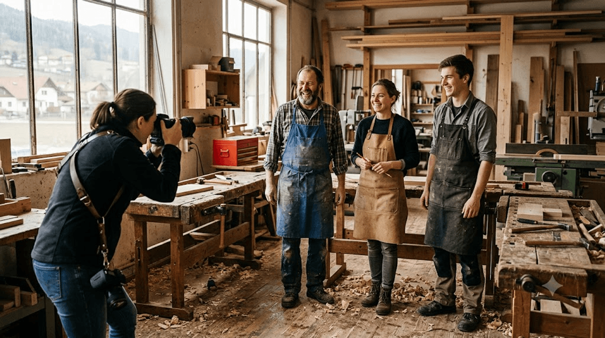 Fotoshooting in einer österreichischen Tischlerei: Ein Fotograf macht echte Teamfotos der Mitarbeiter in der Werkstatt – authentische Bilder realer Menschen bauen Vertrauen und Glaubwürdigkeit auf der Website auf