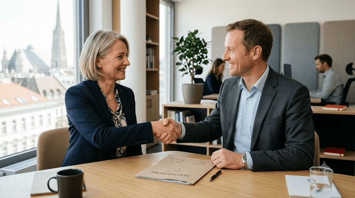 Händedruck zwischen Unternehmerin und neuem Kunden am Besprechungstisch: Eine vertrauenswürdige, professionelle Website rechnet sich, wenn aus Besuchern echte Aufträge werden