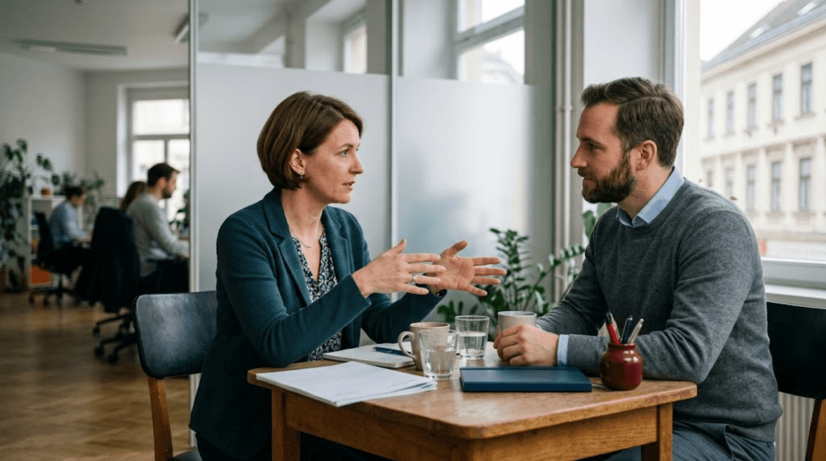 Beraterin erklaert einem Kunden im Gespraech, worauf es beim DSGVO-konformen Hosting jenseits des reinen Serverstandorts ankommt