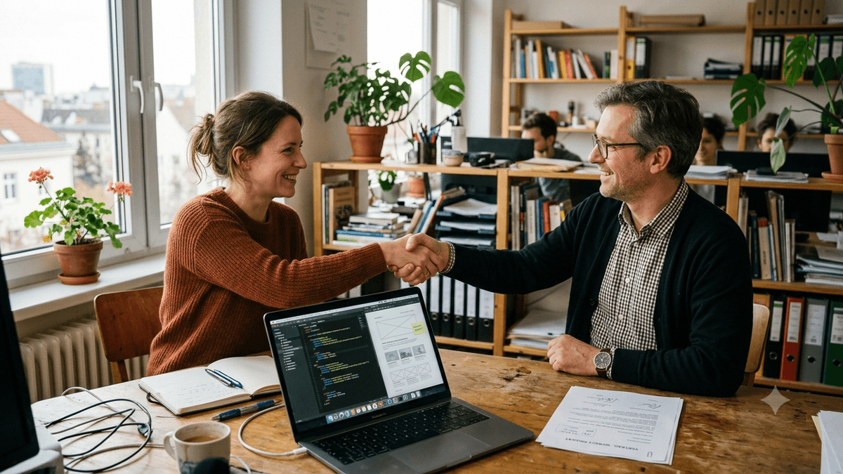 Projektstart per Handschlag: Auftraggeber und Webagentur vereinbaren die Anzahlung für das Website-Projekt