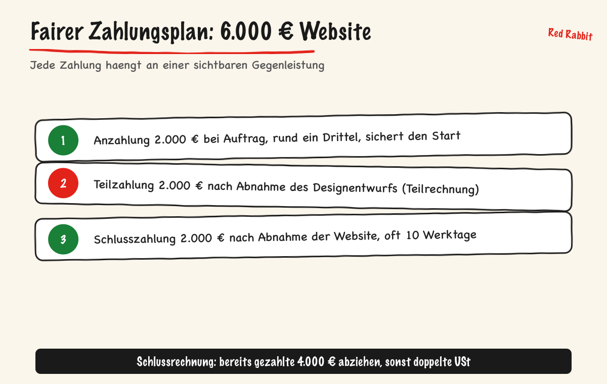 Fairer Zahlungsplan für eine 6.000-Euro-Website: Anzahlung, Teilzahlung und Schlusszahlung je 2.000 Euro, gekoppelt an den Leistungsfortschritt